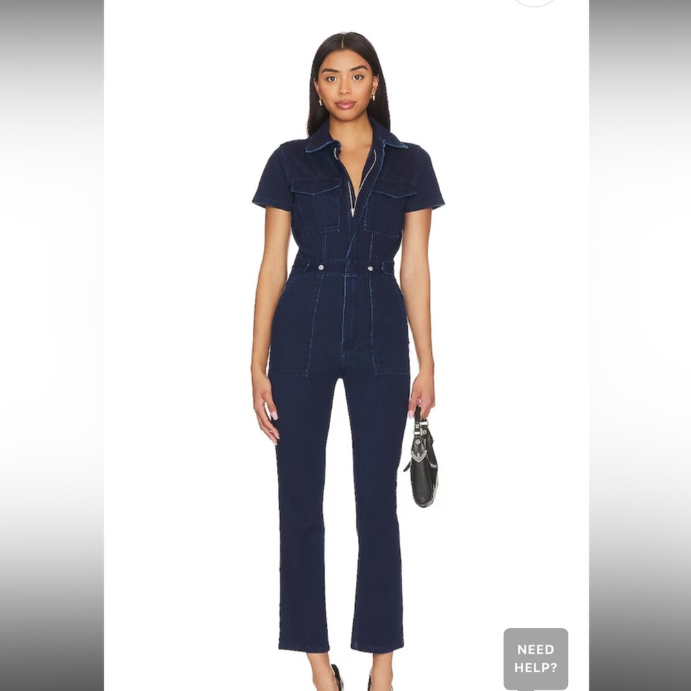 Good American fit for success denim jumpsuit indigo 377 zippered with pockets